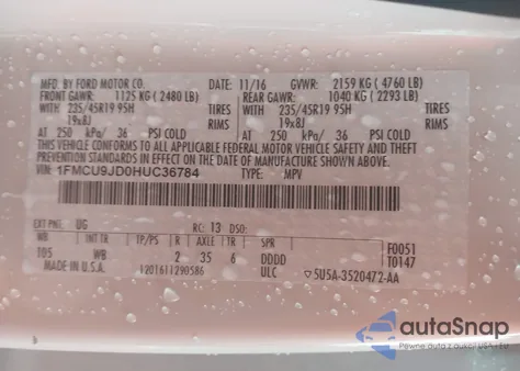 2017 Ford Escape Titanium z USA, uszkodzony, nr VIN 1FMCU9JD0HUC36784